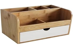 Box and beyond Almacenamiento de maquillaje, joyas, oficina de bambú, 23,5 x 15 cm x 15 cm, natural/blanco