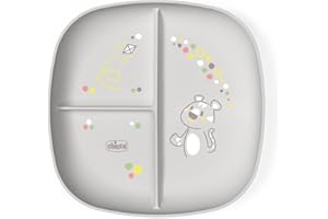 Chicco Piatto Pappa per Bebè e Bambini, Piatto Pappa con Scomparti con 3 Aree per Scoprire Nuovi Sapori, Lavabile in Lavastoviglie, Adatto per il Microonde, Senza BPA, 12+ Mesi, Grigio