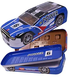 Toyshine Super Car Metal Pencil Box with Moving Wheels, Detailed Exterior, Double Comparment for Kids - Blue