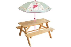 FUN HOUSE 713205 FLAMANT ROSE Table Pique Nique en bois avec parasol pour Enfant Rose