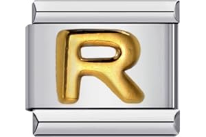 Mon & Sons A - Z Yellow Gold Letter Initial Name Alphabet Personalised Birthday Charm Silver 9mm Italian Link Compatible With Modular Bracelet