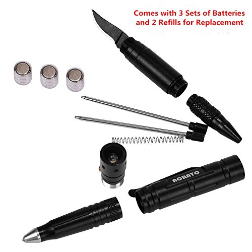 ACRATO Aluminium Tactical Pen Kubotan Kugelschreiber mit Glasbrecher und LED Lampe zur Selbstverteidigung Campingwerkzeug Militärwerkzeug Multifunktional Schwarz - 9