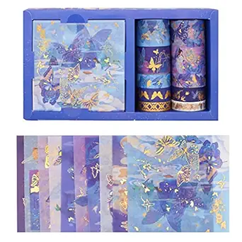 HASTHIP Shine Gold Foil Washi Tape Sets 10 Rolls Washi Tapes with 10 Sheets Stickers Decorative Tape for Crafts Bullet Journal Gift Wrapping Scrapbooking (Blue 1)