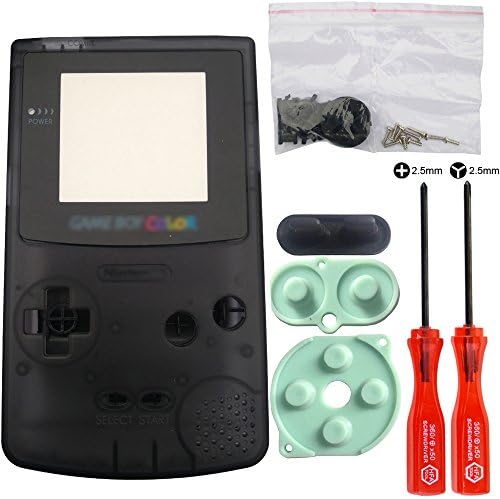iMinker Full Housing Shell Pack Case Cover Replacement Parts with Open Tools for Nintendo Gameboy Color, GBC (Transparent Black)