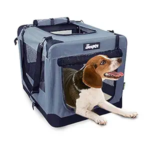 JESPET Soft Dog Crates Kennel for Pets, 3 Door Soft Sided Folding Travel Pet Carrier with Straps and Fleece Mat for Dogs, Cats, Rabbits, Grey Blue & Beige (36