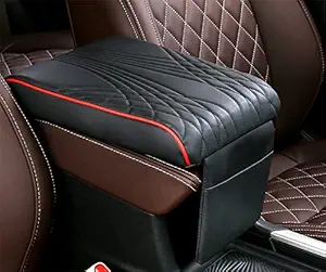 Automaze Center Console Arm-rest Cover Pad With Mobile Pocket Universal Fit for SUV/Truck/Car, Car Armrest Seat Box Cover, Leather Auto Armrest Cover (Black With Red Piping)