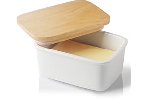 Sweejar Home Porcelain Butter Dish with Lid, Airtight Large Butter Keeper with Wooden Lid, Butter Container Perfect for 2 Sticks of Butter West or East Coast Butter (White)