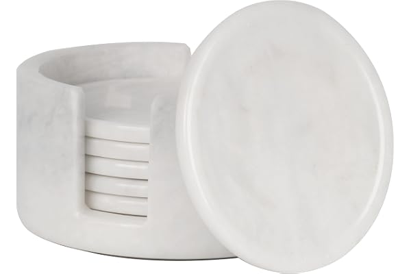 Radicaln marmor underlägg set rund 8,9 cm, Vit handgjorda marmorunderlägg för hem och kök, dryckesunderlägg set med 6 med hållare, perfekta underlägg för dryck
