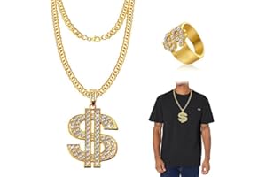 CHEVVY Goldene Dollar- Kette Hip Hop Hop Rapper Zubehör Ring Gangster Retro 70er, 80er, 90er Jahre Fasching Accessoires Mottoparty
