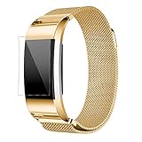 Fitbit Charge 2 Armband, OverDose Milanese Edelstahl Uhrenarmband-Bügel-Armband + HD Film für Fitbit Charge 2 (Gold)
