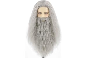 Topcosplay Peluca de Mago Gris Peluca con Barba Larga Rizada Peluca para Hombres Adultos Profeta Peluca para Disfraz de Halloween Carnaval (Gris)