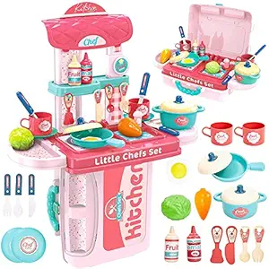 Kitchen Set for Kids Girl, Kitchen with Suitcase, Play Kitchen Set Pink Kids Kitchen Play Set Great Educational Toy Gifts for Girls (3 in 1 Kitchen Suitcase)