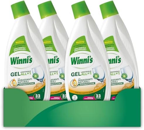 Winni's - Detersivo Gel Lavastoviglie Ipoallergenico, 132 Lavaggi, Azione Detergente, Antiodore e Brillantante, Fragranza di Aceto, con Materie Prime di Origine Vegetale, 561 ml x 4 Confezioni