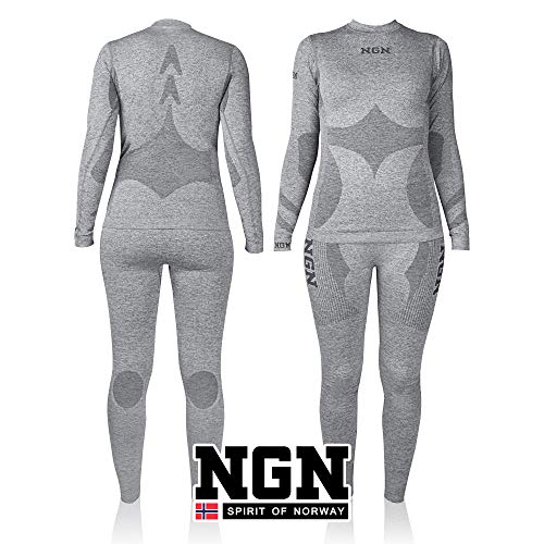 NGN Skiunterwäsche Damen aus Norwegen | Thermo-Unterwäsche Lang | Funktionswäsche Atmungsaktiv Grau | Schöne Skibekleidung | Baselayer Set for Woman | Sport Hose und Shirt für Frauen