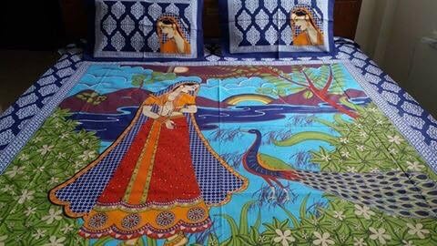 riyasat- Pure Cotton Printed Jaipuri Double Fitted Sheet with 2 Pillowcases Bedding