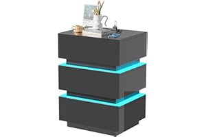 Lvhecforhm Nachttische mit USB-Anschluss und Steckdose, Schwarz Nachttische Hochglanz Front, Nachttisch LED Einstellbare Farben, Praktische Nachttisch mit 3 Schubladen, Nachttische für Schlafzimmer