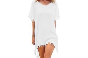 HANAOOPS Chiffon Beachwear Women Beach Bikini Cover Up Tassel Beach Dress V Neck Swimwear Summer Casual Swimsuit