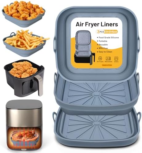 Alyvisun Teglie in Silicone per Friggitrice ad Aria, 3 Pezzi Teglia Cestello Accessori per Air Fryer Contenitori Riutilizzabile Quadrato Tappetino Stampi Per Airfryer, Microonde, Forno (Grigio)