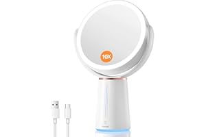 ‎AUXMIR Auxmir Schminkspiegel mit Beleuchtung, LED Kosmetikspiegel 1X/ 10X Vergrößerungsspiegel mit Licht & 10 Dimmbar Helligkeit, Tischspiegel 360° Drehbar Spiegel mit 52 LEDs für Schminktisch, 2500mAh