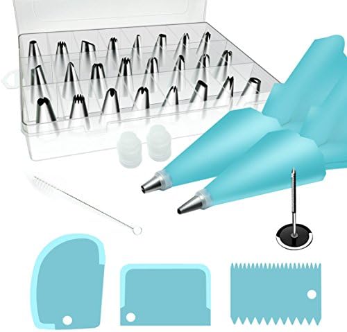AideMeng 33 Pieces Cake Decorating kit with 24 Stainless Steel, 2 Silicone Pastry Bags, Baking Supplies Frosting Tools Set for Cupcakes Cookies