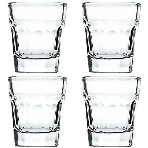 Bicchierini da Liquore o Espresso (Shot/Chupito) di 45ml - 4 Cicchetti Ideali per Uso a Casa, Bar, Feste o Come Regalo - Infrangibile e Cristalline - Dosatore e Panno per Lucidatura Inclusi