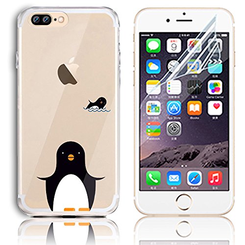 for iPhone 8 Plus Cases TPU Cover with Free Screen Protector, Sunroyal Clear Soft Silicone Gel Ultra Slim Shock Proof Durable Scratch Resistant Rubber Transparent Skin Shell with Beautiful Colourful Pattern Design Protective Case Cover for iPhone 8 Plus 5.5 inch - Penguin