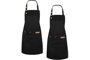 CECOMBINE 2 Pack Kitchen Apron, Professional Adjustable Black Apron with 2 Pockets, Unisex Canvas Water and Oil Stain Resistant, Kitchen Apron for Cooking, Restaurant, Gardening, BBQ, Baking and Serving