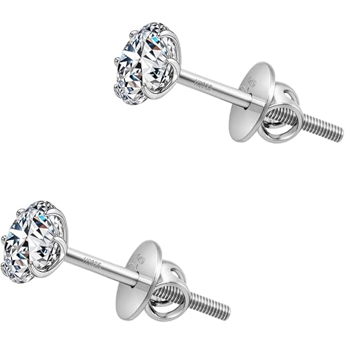 HIGHSPARK 925 Silver Solitaire Screwback Stud Earrings | 92.5 Sterling Silver & Round Brilliant Cubic Zirconia Tops for Men Women