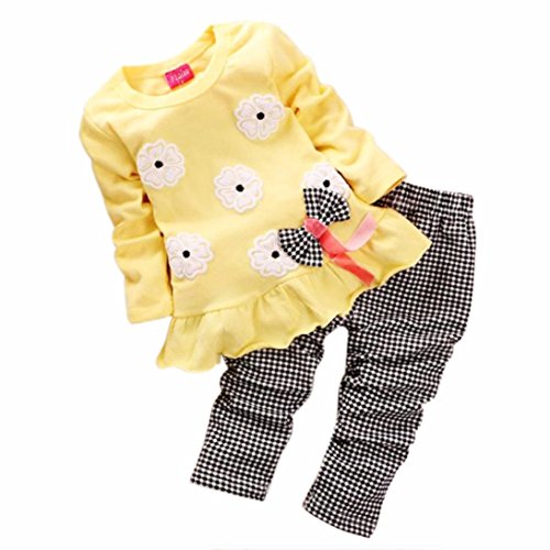 Koly Newborn Baby Clothing Sets Long-Sleeved Kids Girls Flower Bow Shirt Plaid Pant Set+1 baby headband