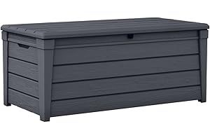 Keter Brightwood Gartenbox 455L - Aufbewahrungsbox mit Sitzfunktion für 2 Personen - Wetterbeständige Terrassenbox in Holzoptik Grau