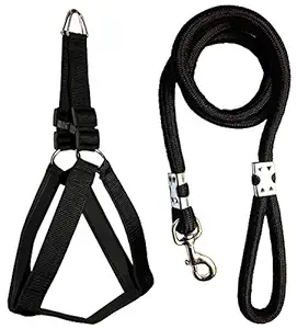 Smart Doggie Nylon Padded Adjustable 1inch Dog Harness & 15mm Leash Rope for Medium Dogs (Black)