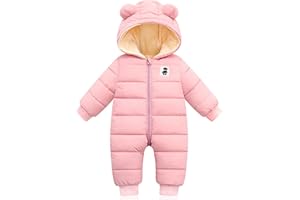 MINIZONE Mono de invierno para bebé con capucha, mono de nieve para niños y niñas, de manga larga, mono cálido, para regalo, 12-18 meses, color rosa