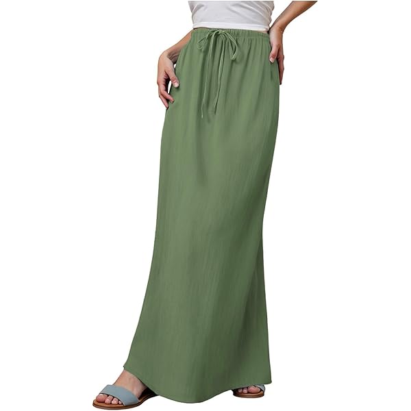 Jupe Maxi élastiquée Jupe Bohème Femme Coton Lin - Tour De Taille Élastique - Longueur Midi à Maxi Style Casual