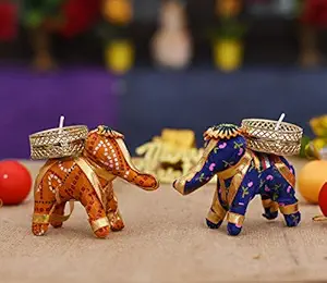 Collectible India Cotton Elephant Design Tealight Candle Holder, Pack of 2