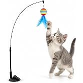 getmeev Vantuzlu Kedi Oyun Oltası, 84 cm Esnek Yaylı İnteraktif Kedi Oyuncağı, Zilli Top ve T&uuml;yl&uuml; U&ccedil;lu, Cam Ahşap Beton D&uuml;z Y