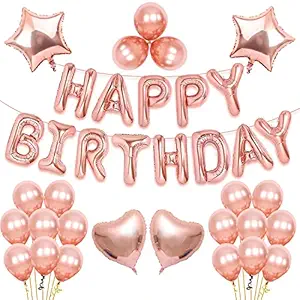 Party Propz Rose Gold Birthday Decorations Items For Party- 30 Pcs Happy Bday Decoration Kit - Rosegold Happy Birthday, Metallic, Foil Balloon With Led Fairy Light Happy Birthday Decoration Set For Girls