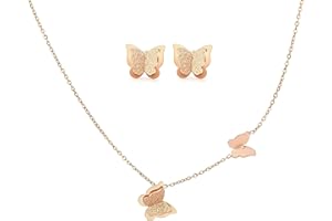 Crazy-M Collana da donna con farfalla + orecchino a farfalla, in oro rosa, per donne, ragazze, vintage, con ciondolo a farfalla, set regalo con confezione regalo, acciaio al titanio