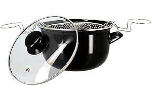 MENASTYL - Friteuse 20cm en acier émaillé noir et bord chrome - Fournie avec couvercle et panier, pour des frites maison délicieuses - 3645579