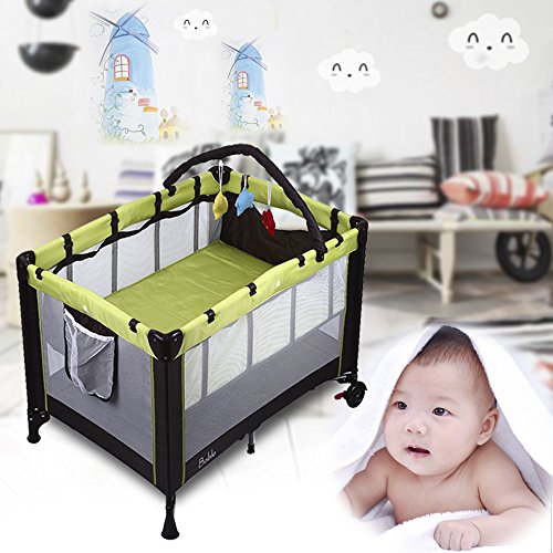 Bable Baby Bed Travel Cot Baby Playpen Play Yard with Play Mat and Hanging Toys (100X70x76cm)