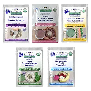 TummyFriendly Foods USDA Certified Organic Sprouted Porridge Mixes Trial Packs With Banana, Spinach - Combo3 | Made of Sprouted Ragi Flour, Sprouted Brown Rice Flour, Oats, Banana and Vegetables | Certified Organic Maximum Possible Nutrition From Real Food | No Sugar, No Salt, No Milk, No Chemicals, No Pesticides & No GMO | 9 Month Shelf-life | 5 Baby Packs, 50g Each