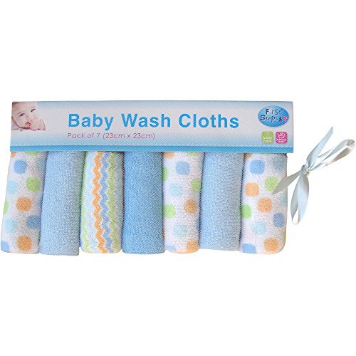 Baby Boys' & Girls' Super Soft Patterned Bath Time Wash Cloths (7 Pack) (Blue)