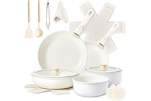 LEADZM Batterie de Cuisine Induction，Casserole Induction，poele，Set de Casseroles et Poêles en Céramique Antiadhésif - 19 Pièces avec Poignées Détachables（blanc cassé）