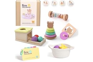 GENÉRICO Set de Juguetes Montessori para Bebé de 6-12 Meses | Juegos Educativos y Sensoriales | Torre Apilable, Pelotas Texturizadas, Sonajero, Caja de Permanencia y Espejo | Idea de Regalo para Niños y Niñas