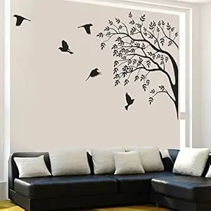 Decals Design Monochrome Tree and Birds Wall Sticker (PVC Vinyl, 60 cm x 90 cm, Black)