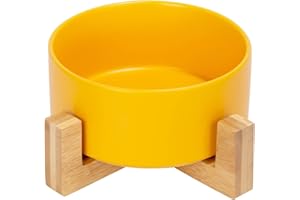 SPUNKYJUNKY Comedero de cerámica para Perros y Gatos con Soporte de bambú (850ml, Amarillo-1)