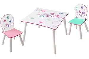 WORLDS APART HelloHome 527FLW Tavolo per Bambini con Sedie di Fiori e Uccelli, Legno, White, 63 x 63 x 52.5 cm