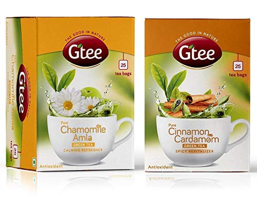 GTEE Green Tea Bags - Chamomile & Green Tea Bags - Cinnamon & Cardamom, 25 Tea bags (Pack of 2)