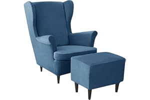 JHLD Samt Stretch Husse für Ohrensessel Mit Ottomane Schonbezug, Husse für Ohrensessel Ottomane Bezug 3 Stück weiche Ohrensessel Schonbezug Abnehmbare Waschbar -blau-3 Stück