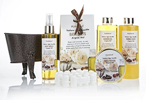 Pinkleaf Nature Spa Vanilla, Argan Oil, Bath Gift Set, in Antique Brass Looking Tub