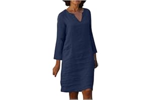 Zeiayuas Cotton Linen Dresses for Women T Shirts Summer Midi Dress Long Sleeve V Neck Knee Length Dress Tunic A-Line Dresses Ladies Beach Loose Solid Color Casual Dresses UK